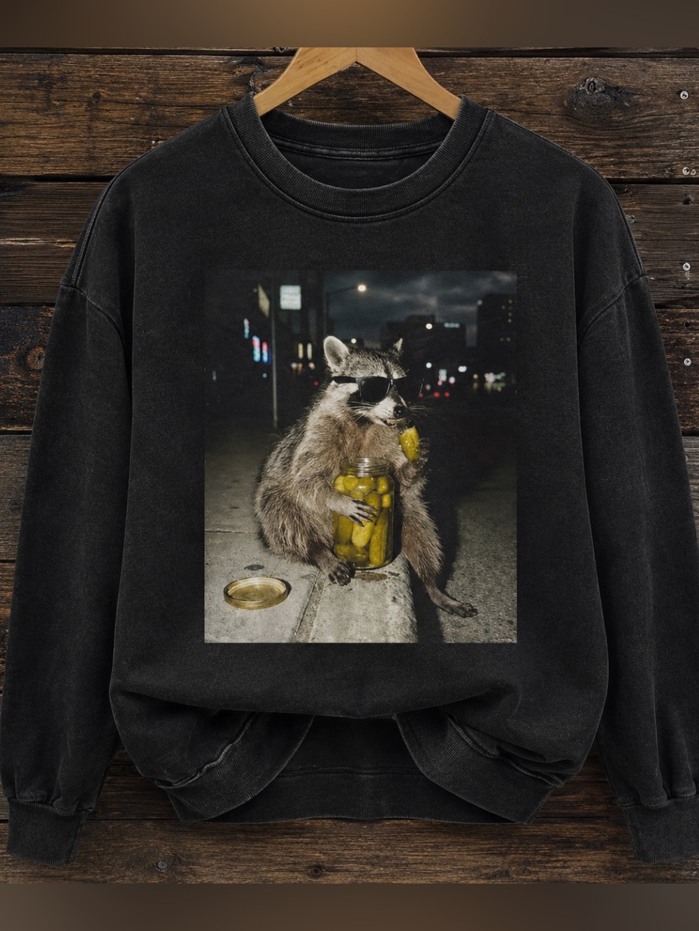 Men's Black Graphic Crewneck Sweatshirt - Raccoon with Pickle Jar